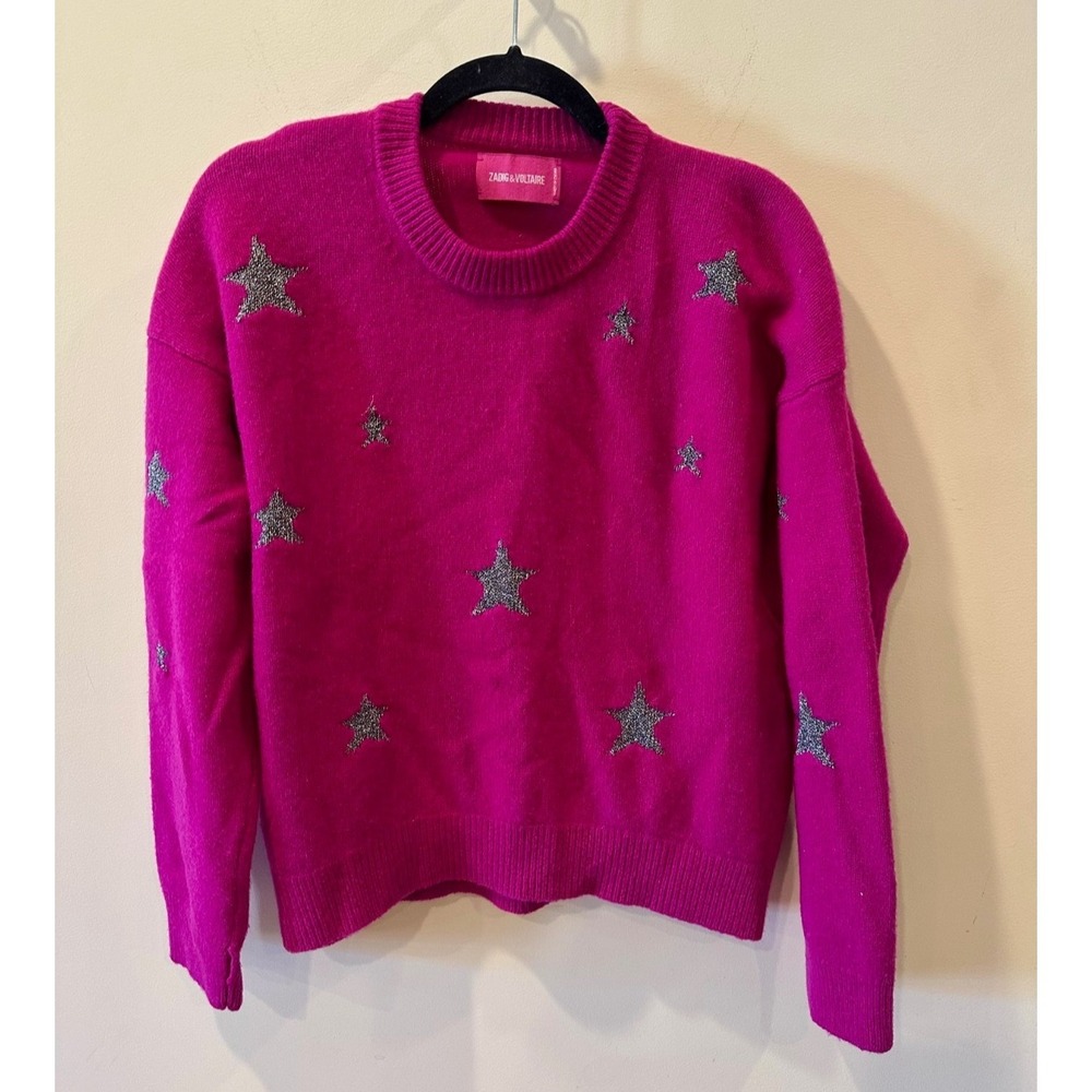 Zadig & Voltaire "Markus Stars" Intarsia Cashmere Sweater Sz S Fuschia $468 Rare